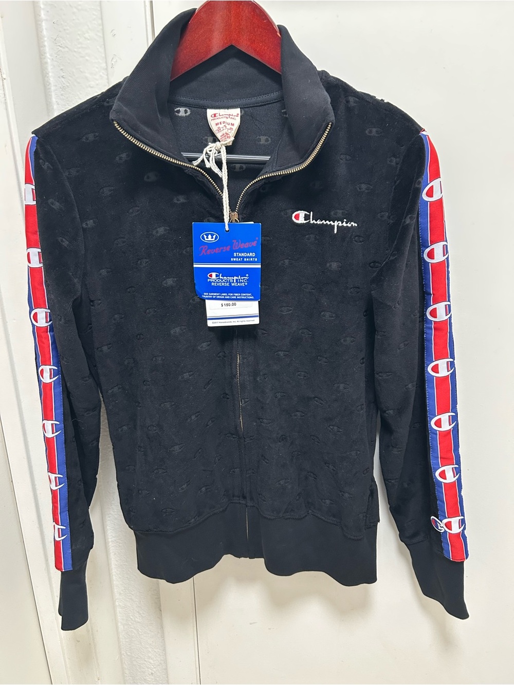 Champion Black Track Jacket with Red & Blue Logo Tapes